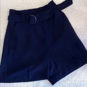 Long Dark Blue Polyester Belted Shorts